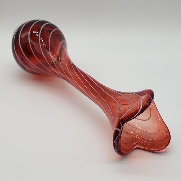 Vintage Esborg, Denmark 1970s Red Cranberry White Swirl Art Glass Vase - Picture 3 of 13